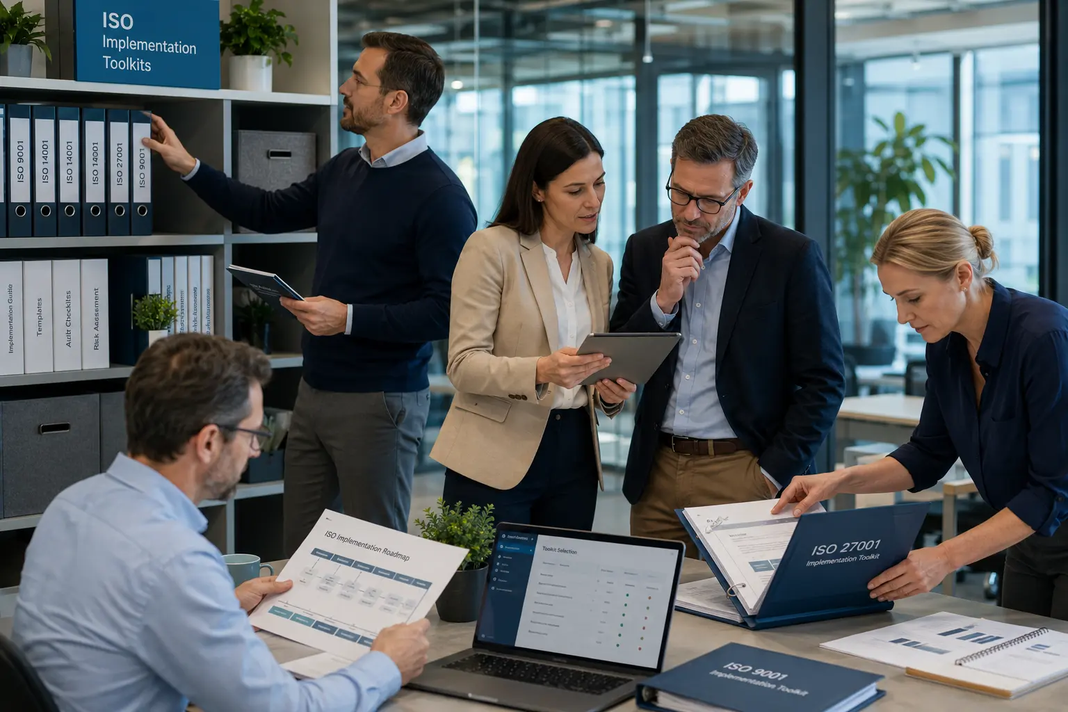 Business team selecting ISO implementation toolkits