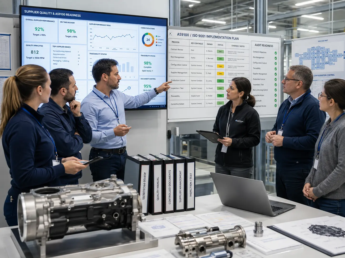 Aerospace supplier managers reviewing ISO dashboard traceability evidence and AS9100 audit readiness actions