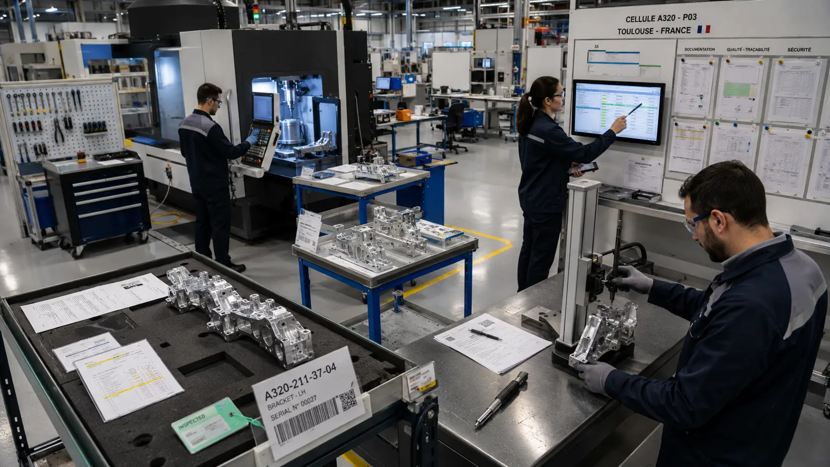 Aerospace production cell with technicians inspecting precision components and reviewing quality records