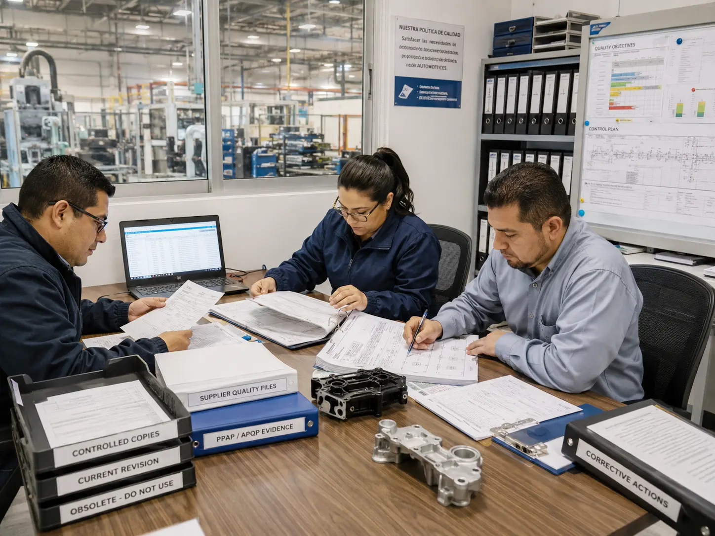 Automotive quality team reviewing controlled documents, inspection records, and control plans