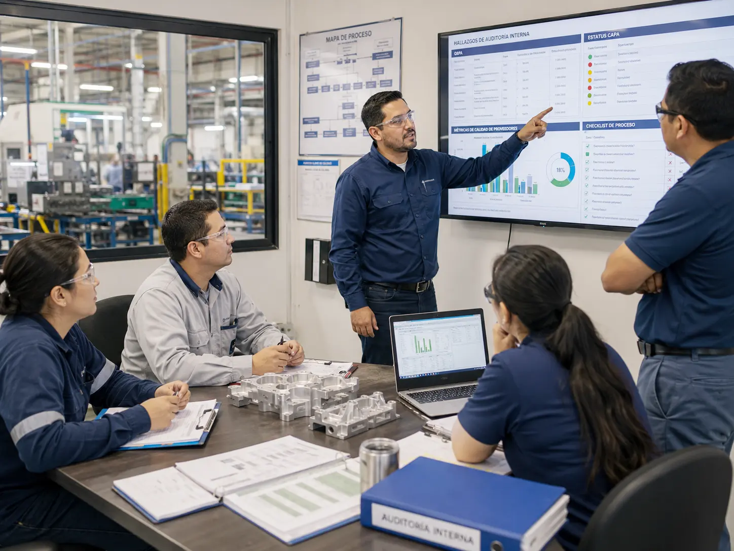 Automotive managers reviewing internal audit findings and corrective actions