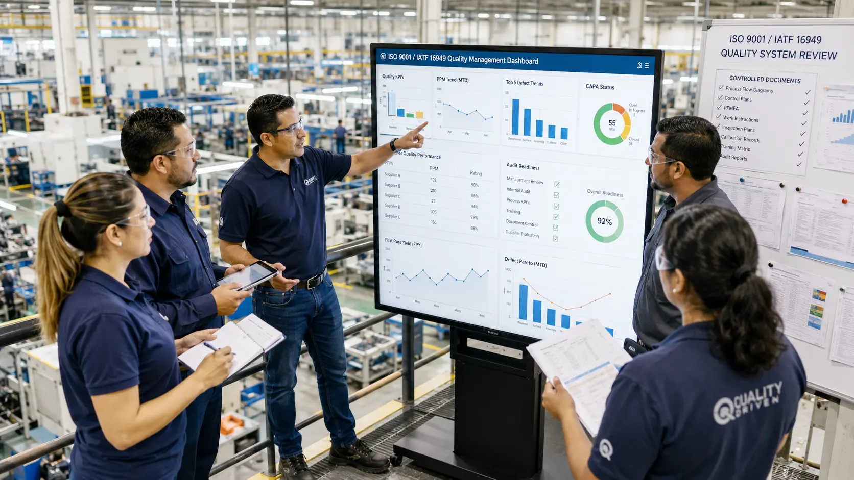 Automotive parts managers reviewing ISO dashboard supplier quality records and audit readiness actions