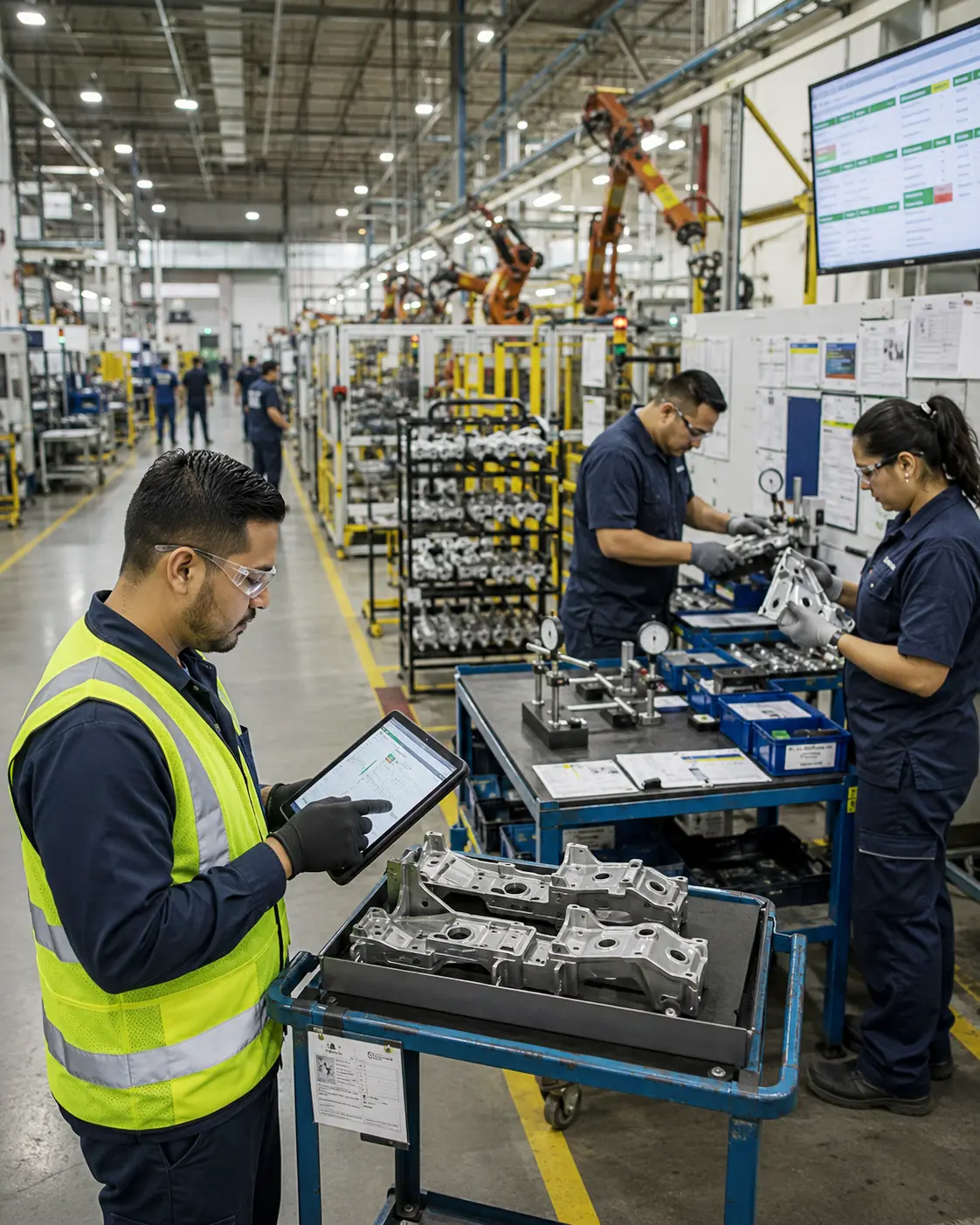 Automotive parts team reviewing quality inspection and production controls