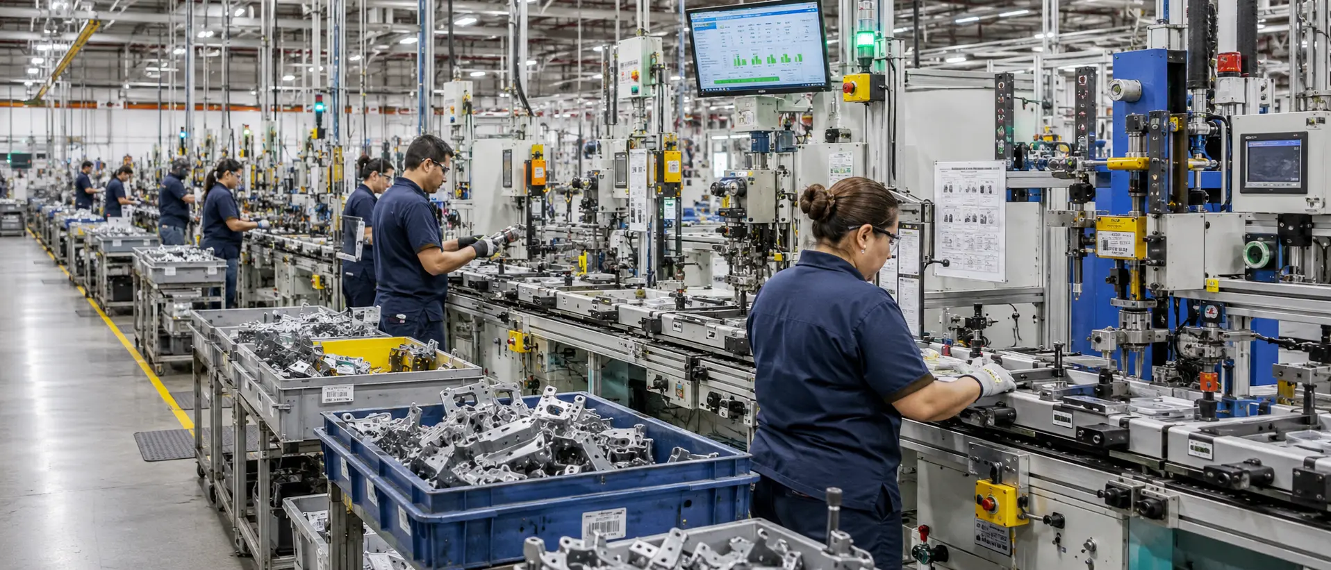 Automotive parts production line with operators inspecting machined components and process control records