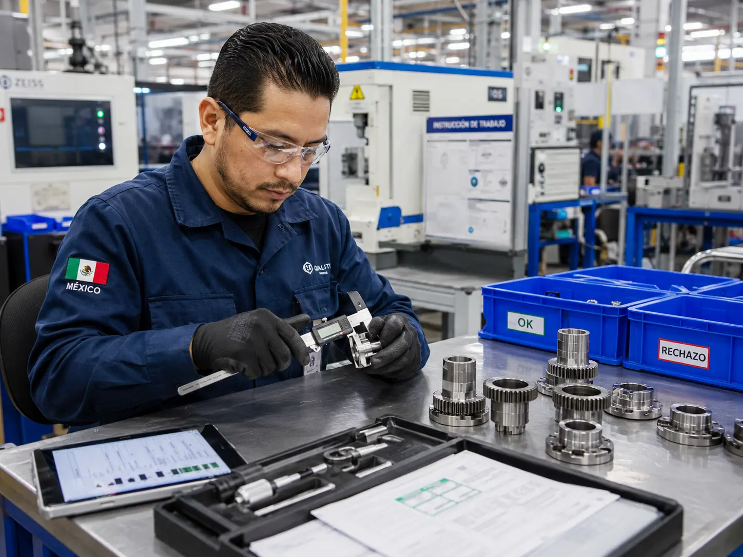 Automotive parts inspection team checking machined components against quality requirements