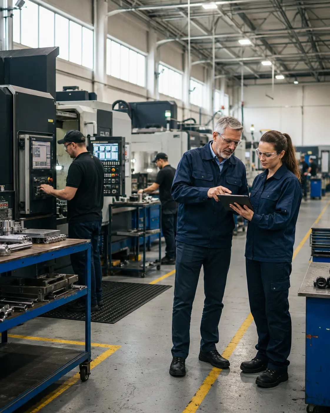 Quality team reviewing production records inside a Canadian manufacturing facility