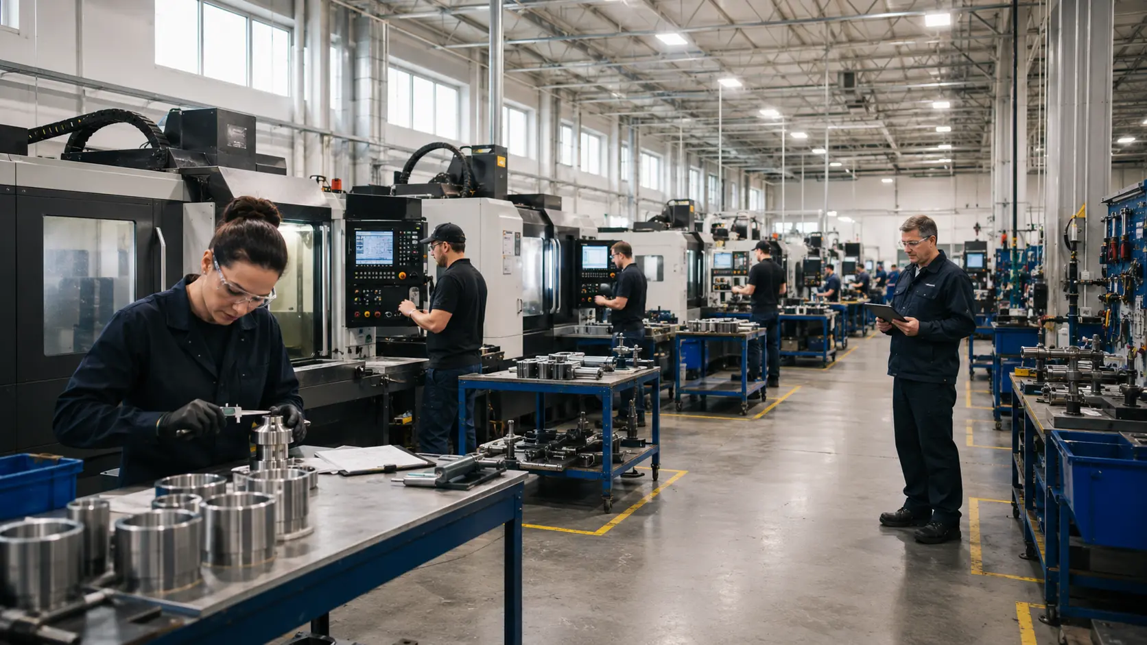 Production line with operators and quality inspection activity