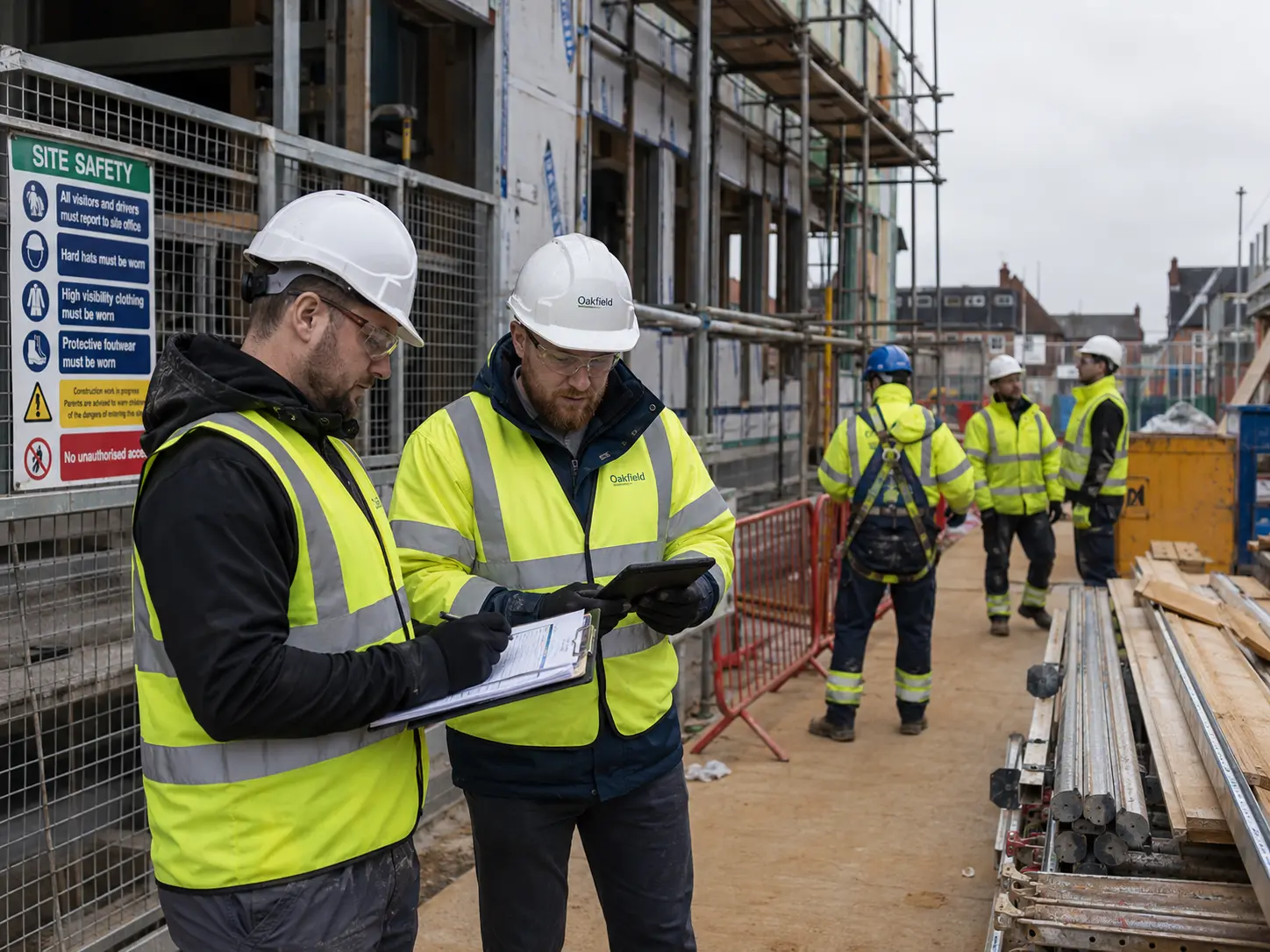 Construction site supervisors reviewing safety and environmental inspection checklists
