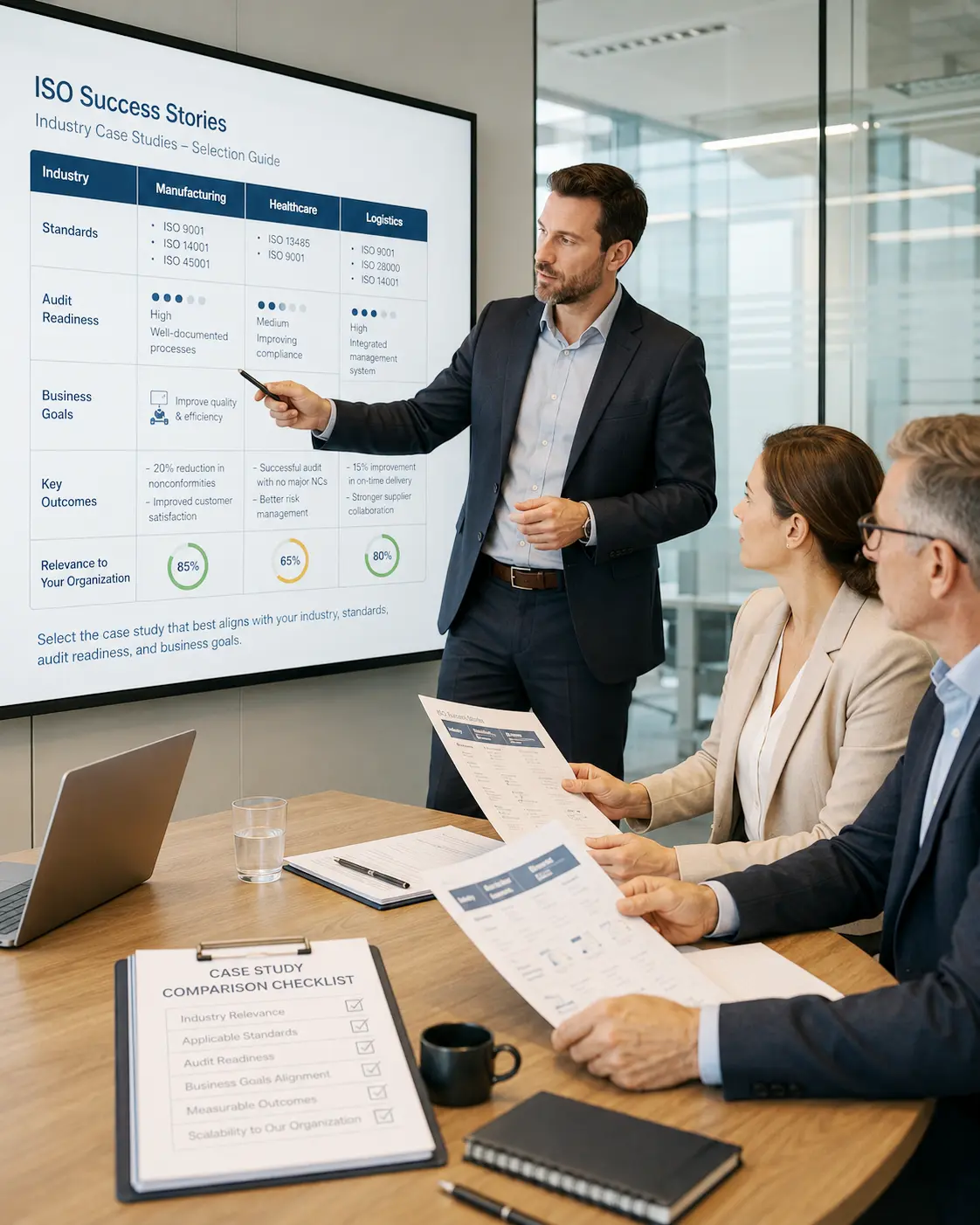 Consultant helping business team choose the right ISO Toolkit case study by industry