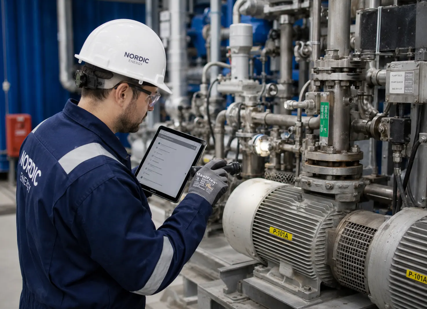 Oil and gas field technician checking equipment safety, inspection records, and permit-to-work evidence