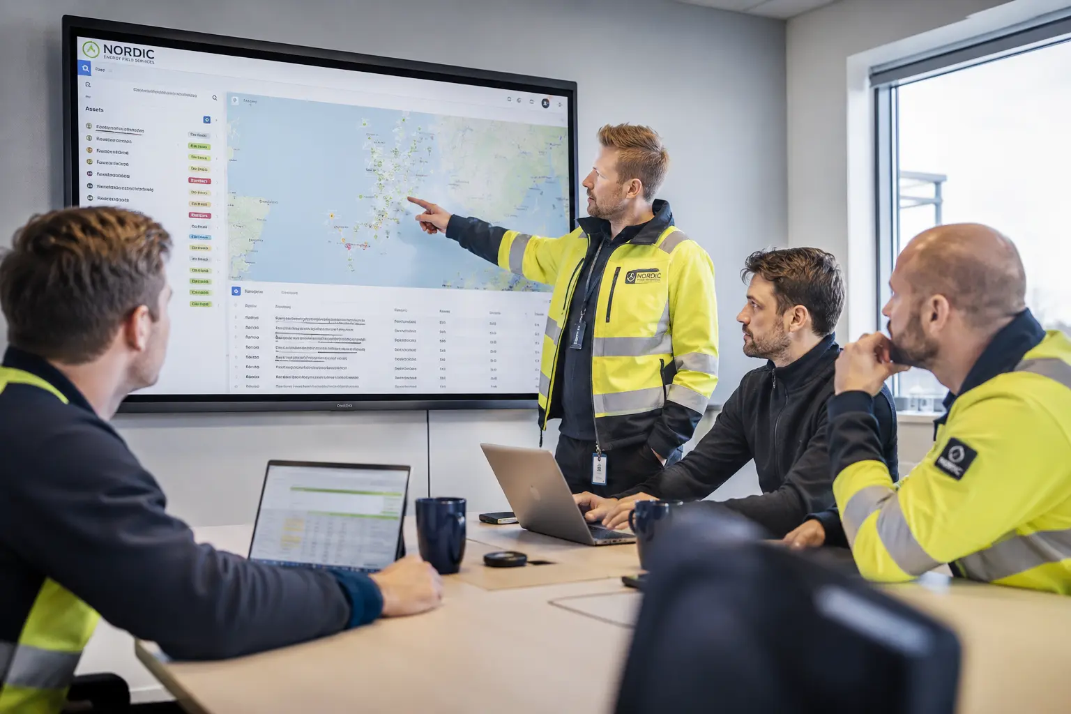 Energy services leadership team reviewing ISO dashboard, field HSE KPIs, contractor performance, inspection completion, and audit readiness plan