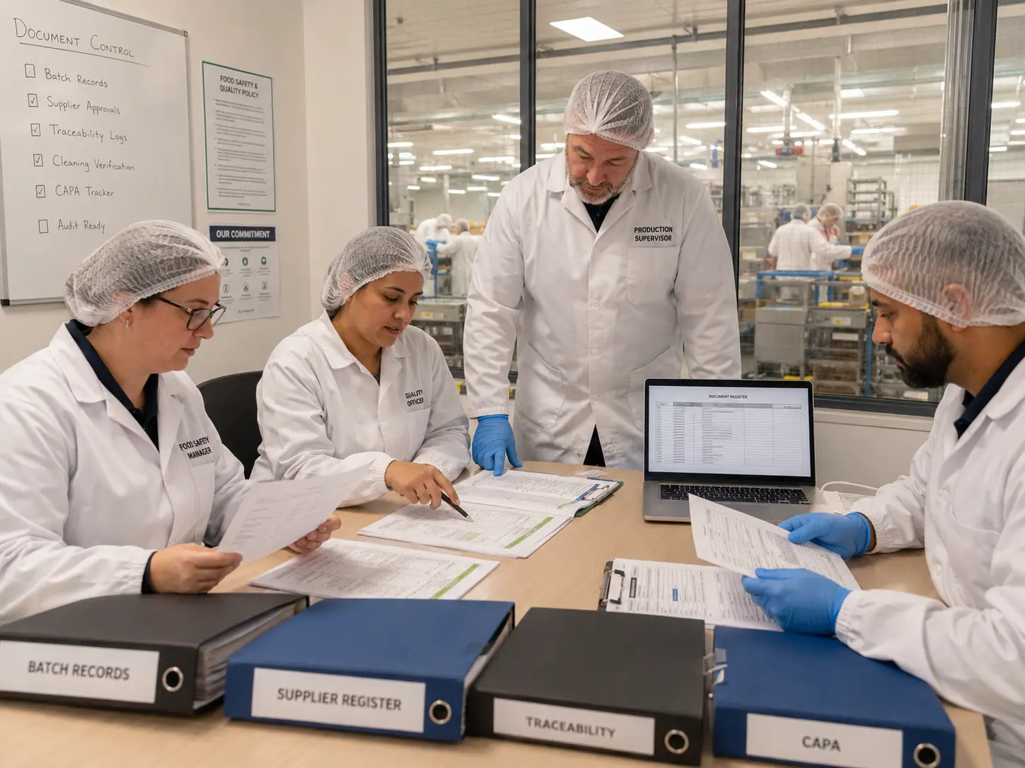 Food manufacturing quality team reviewing controlled documents and batch records