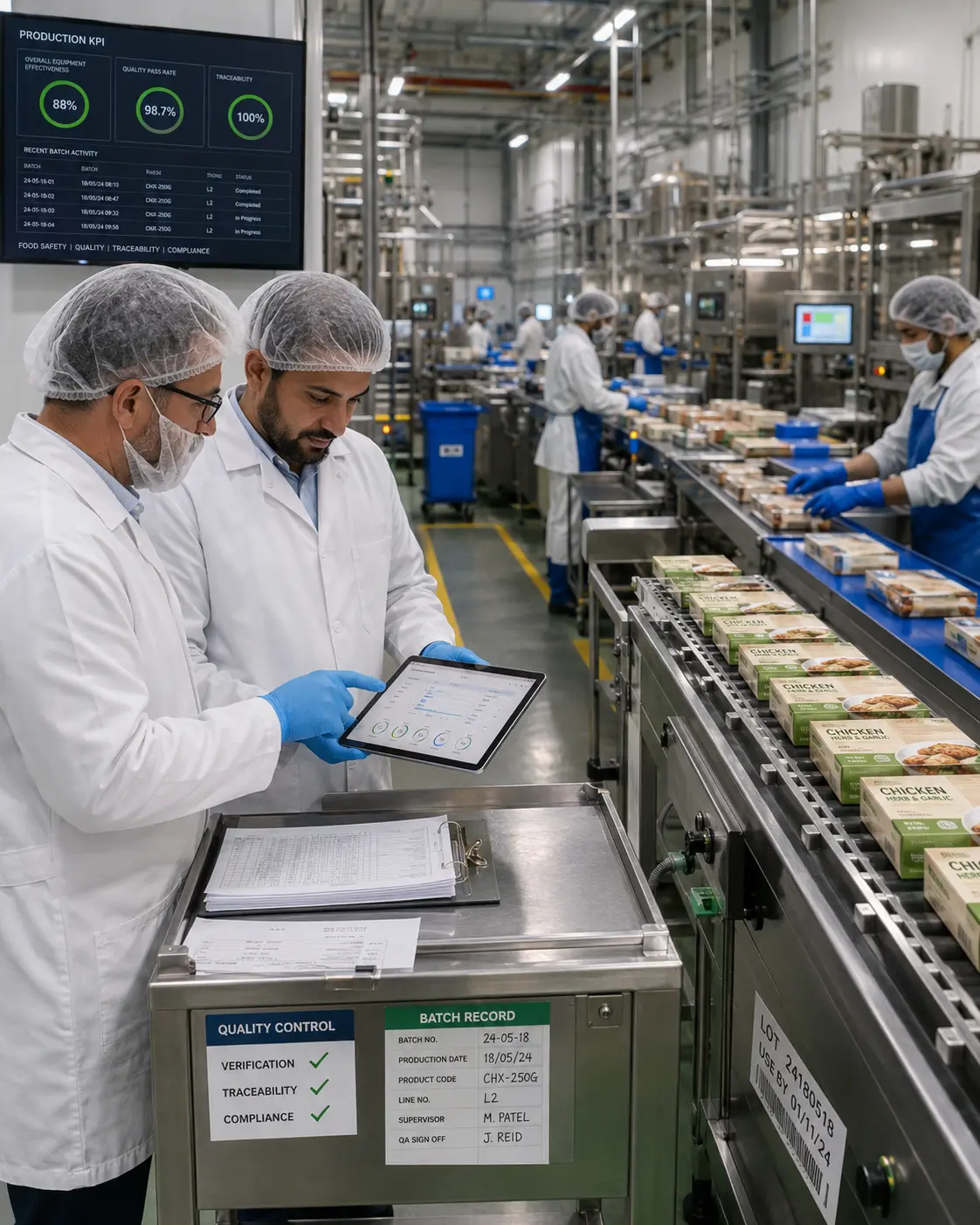 Food manufacturing quality team reviewing production records and food safety controls in a processing facility