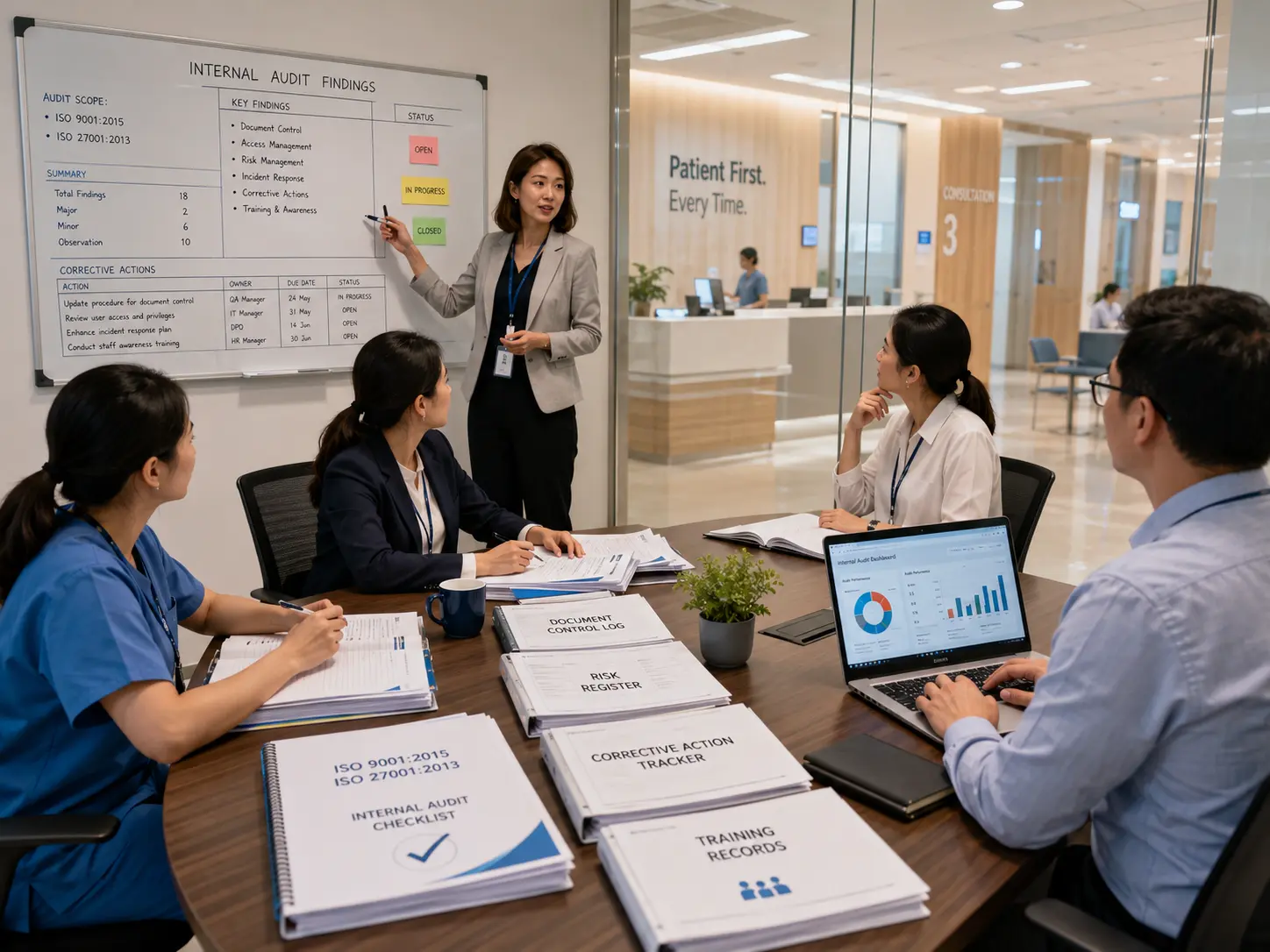 Healthcare managers reviewing internal audit findings and corrective actions
