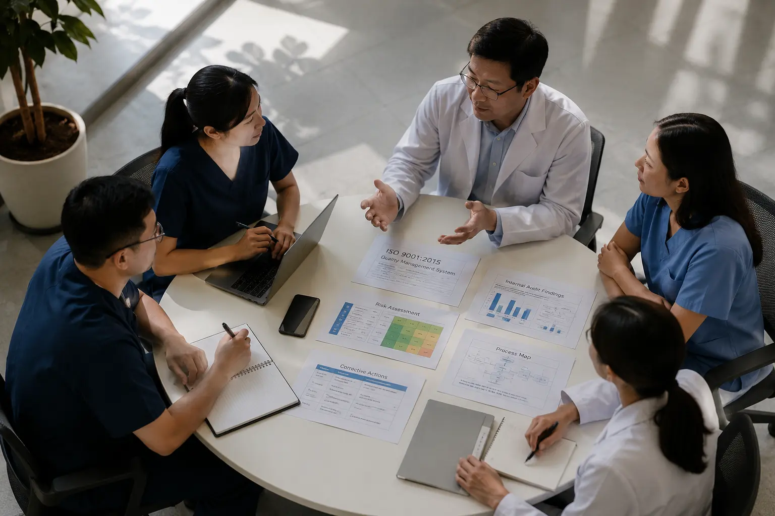Healthcare managers reviewing ISO dashboard and audit readiness actions