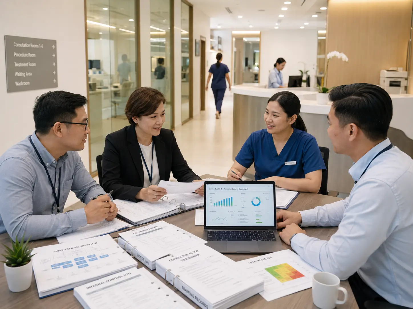 Healthcare team reviewing patient service quality and ISO records in a modern clinic environment