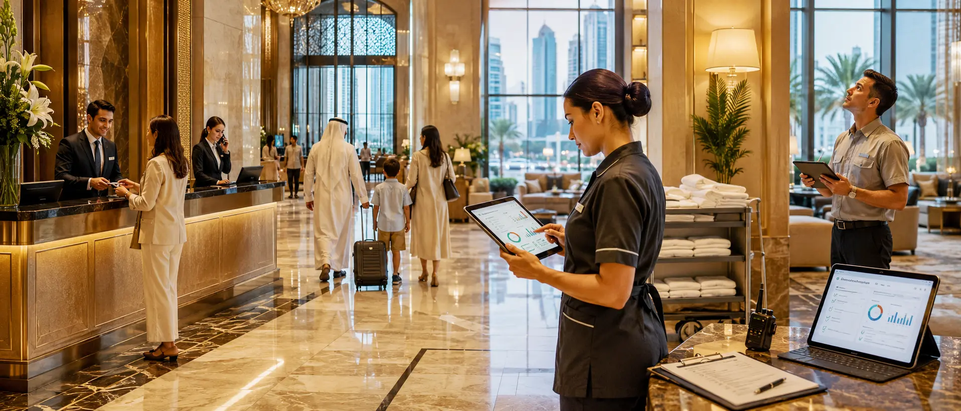 Premium hotel lobby and operations team coordinating guest service housekeeping and facilities readiness