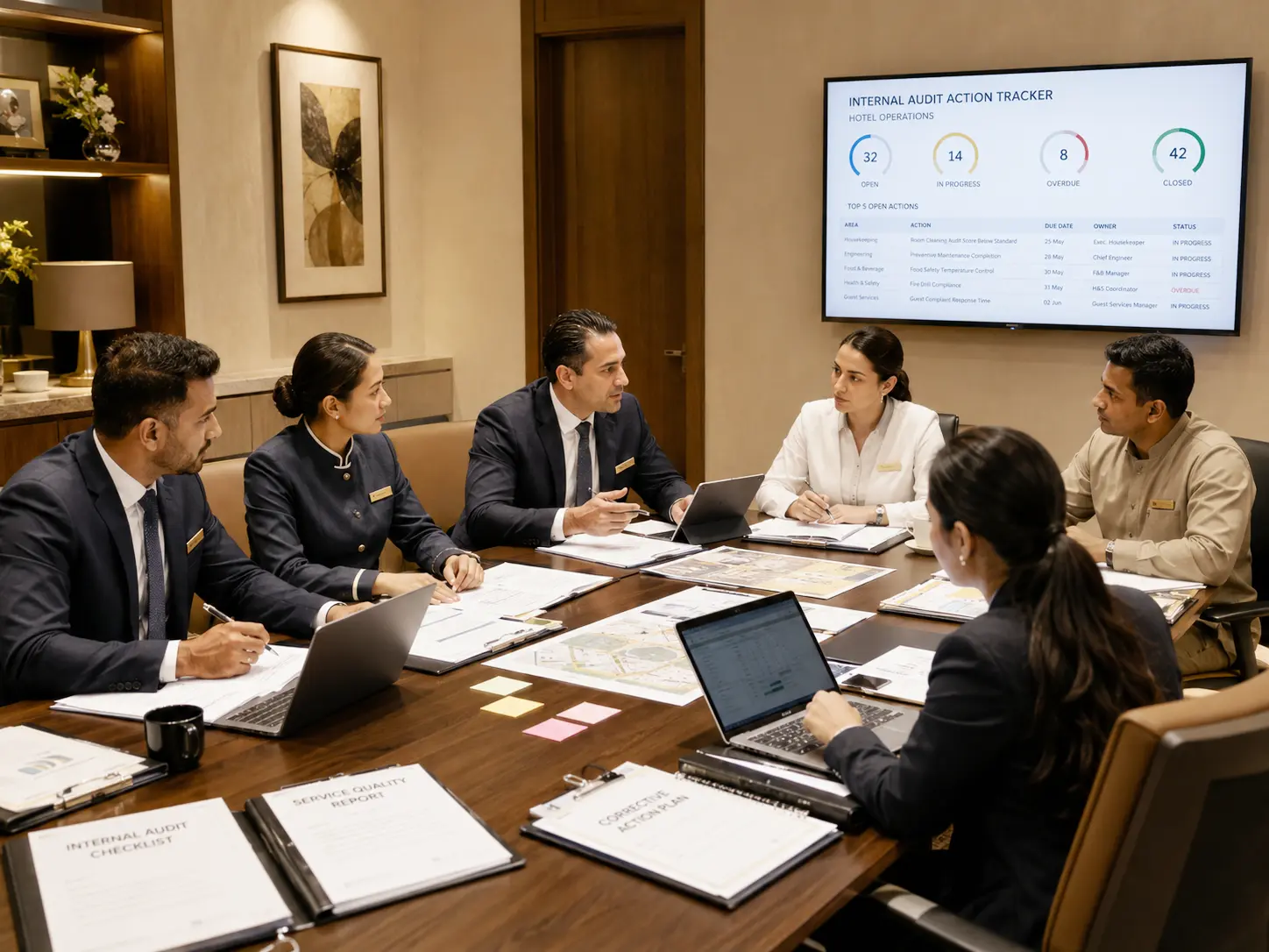 Hotel managers reviewing internal audit findings, service KPIs, and corrective actions