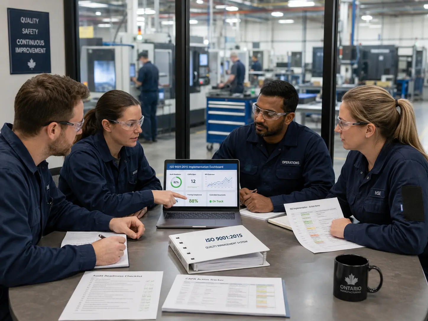 Manufacturing managers reviewing ISO dashboard and audit readiness actions