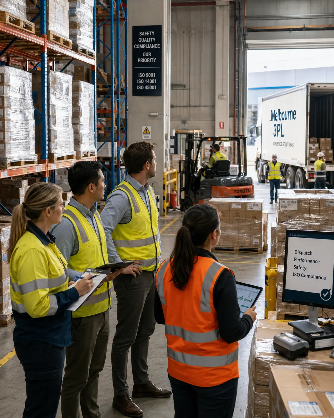 Logistics managers reviewing warehouse safety and delivery performance records in an Australian distribution centre