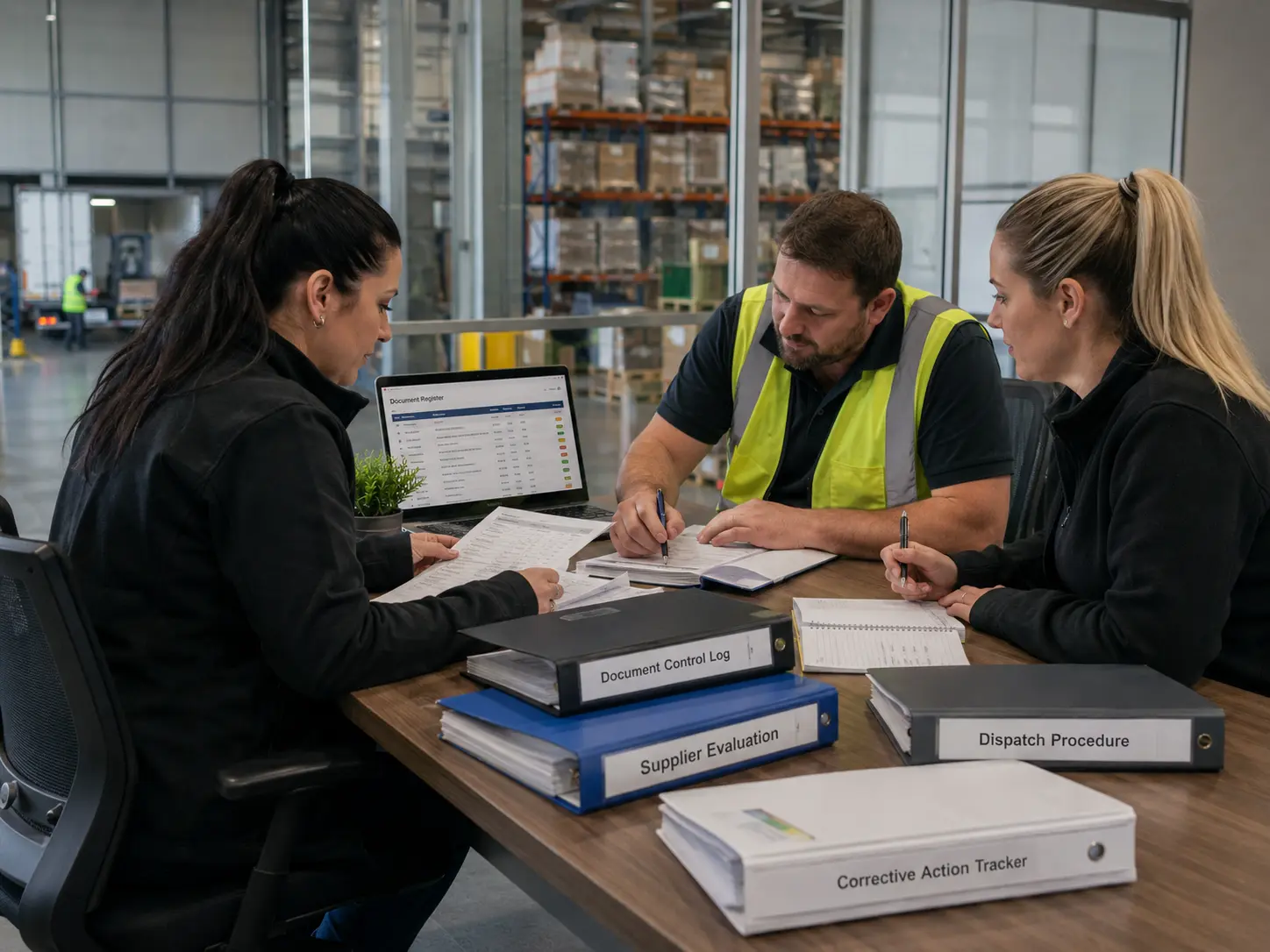 Logistics compliance team reviewing warehouse procedures and controlled documents