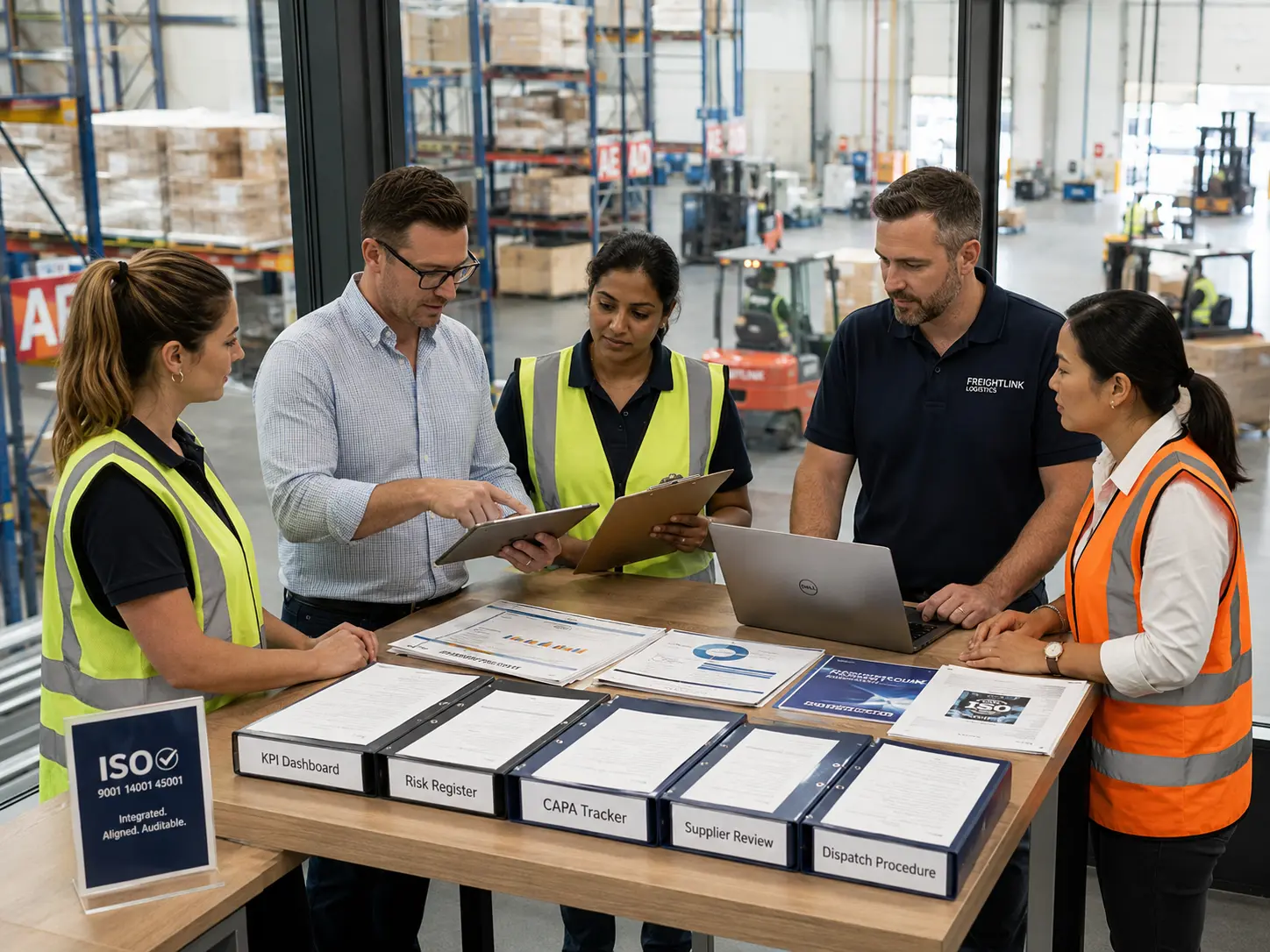 Logistics managers reviewing ISO dashboard, warehouse performance, and audit readiness actions