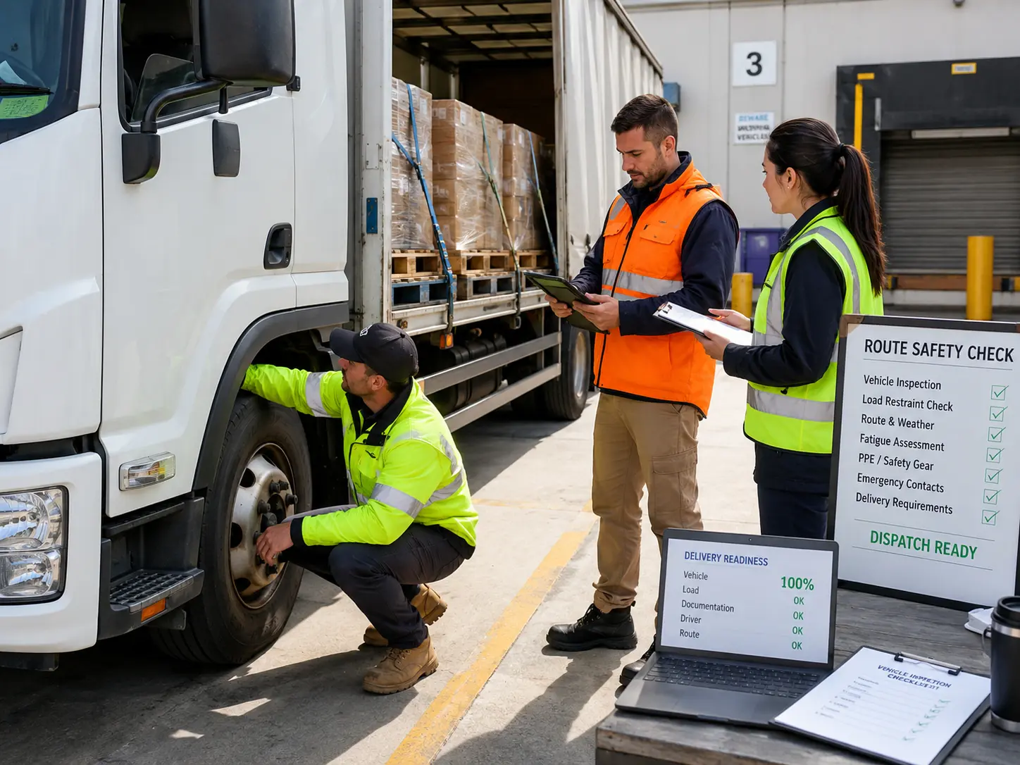 Warehouse and transport staff reviewing route safety and vehicle inspection records