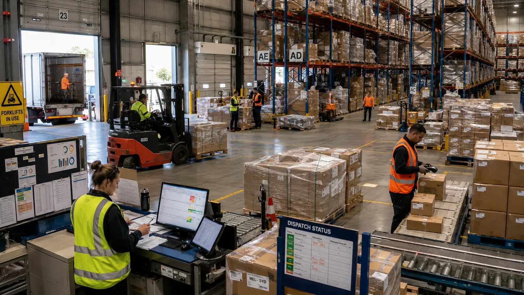 Warehouse operators coordinating inventory movement, loading checks, and delivery preparation in a logistics facility