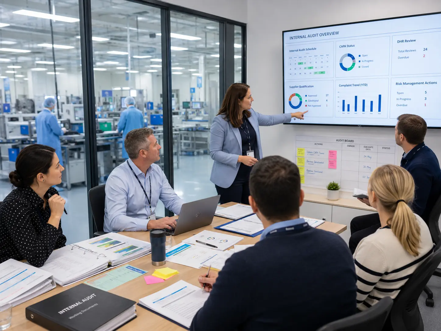 Medical device managers reviewing internal audit findings, CAPA status, and risk controls