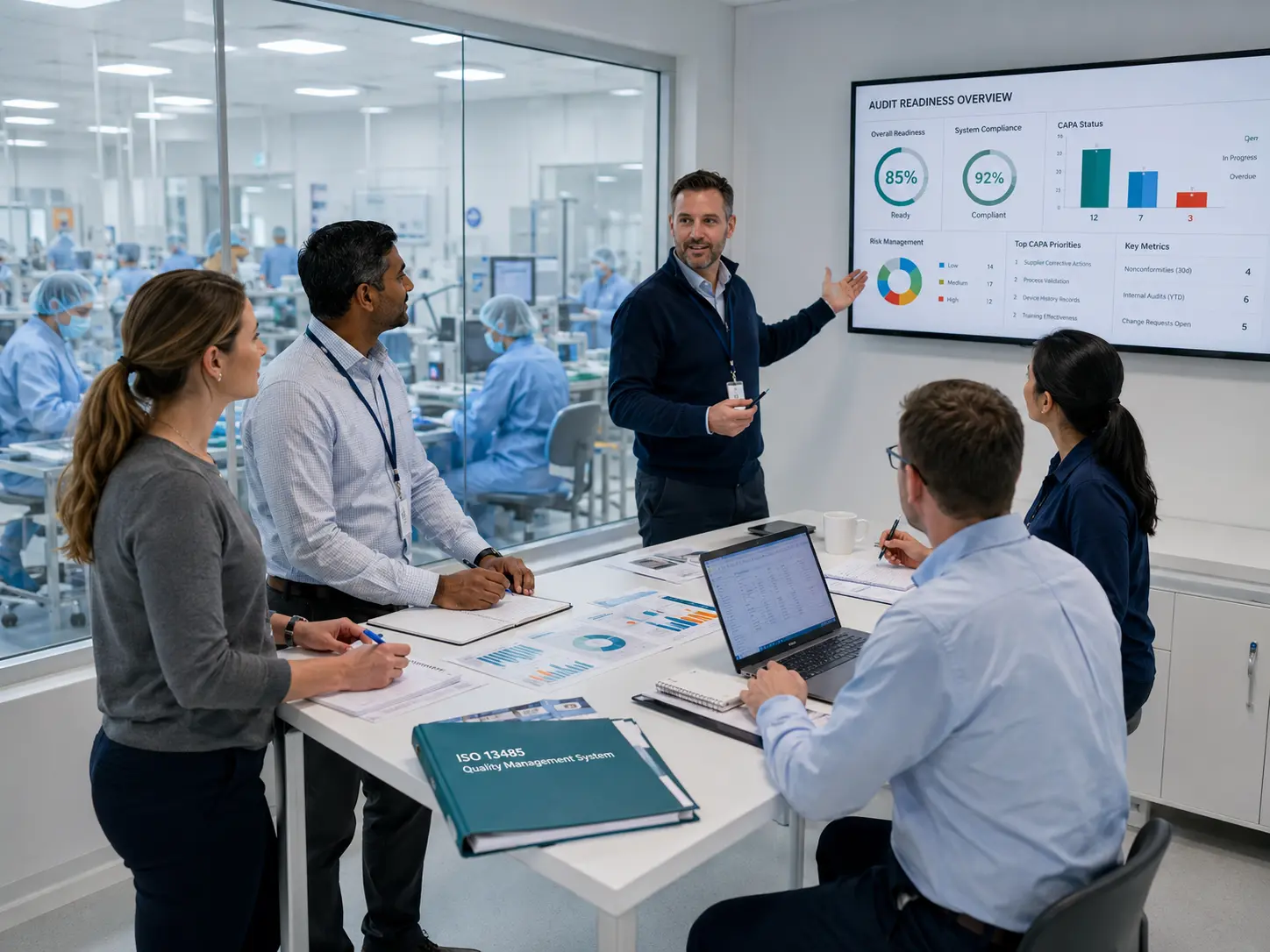 Medical device managers reviewing ISO 13485 dashboard, risk files, device records, and audit readiness actions