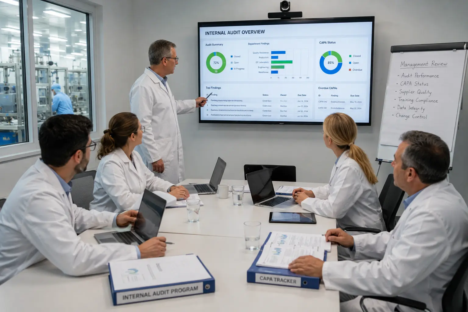 Pharmaceutical managers reviewing internal audit findings, deviation trends, and CAPA actions