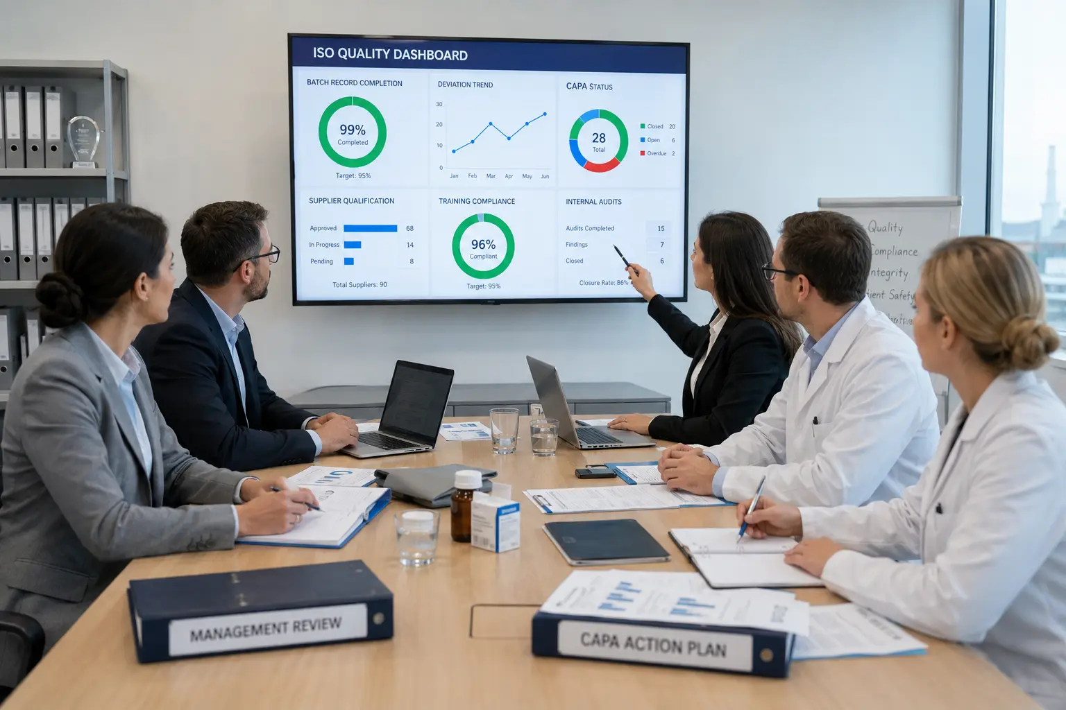 Pharmaceutical managers reviewing ISO dashboard, batch record completion, deviation trends, supplier qualification, and CAPA actions
