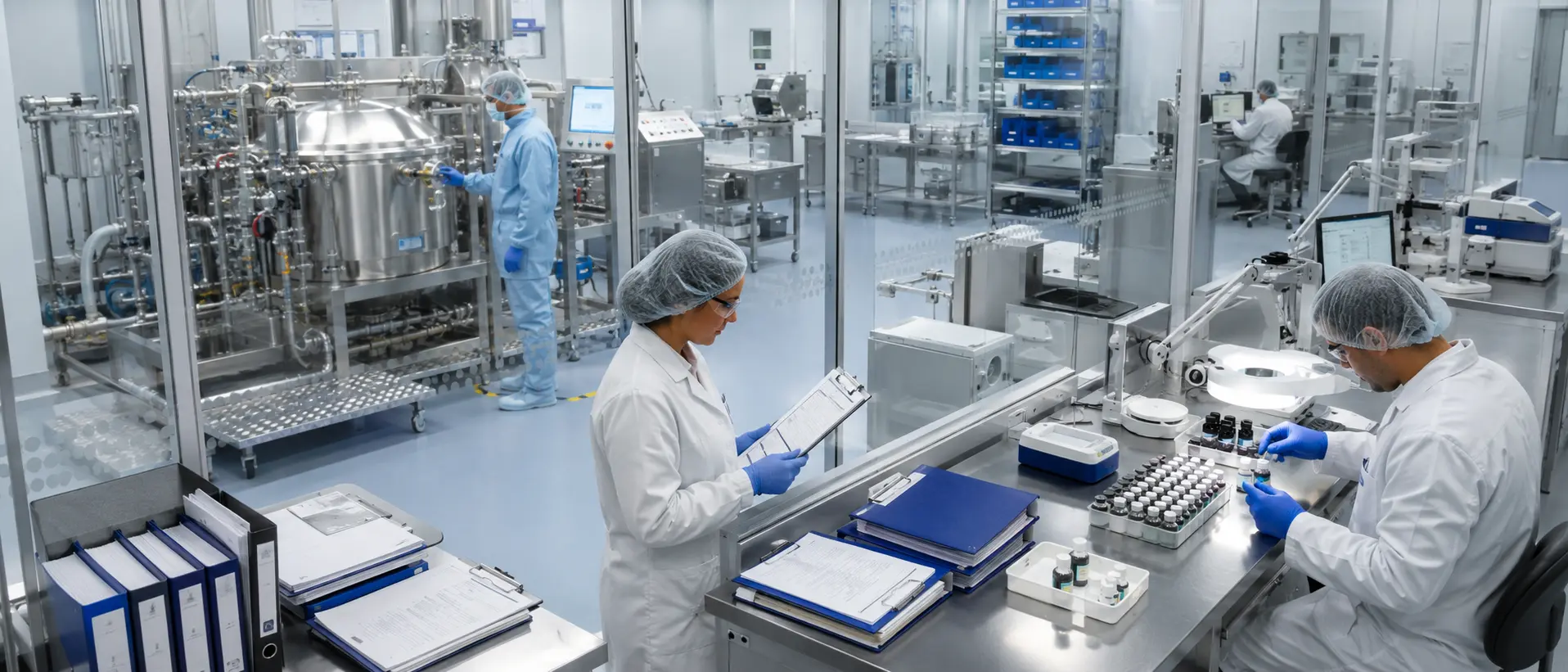 Pharmaceutical production and quality control laboratory with operators reviewing batch evidence and controlled records