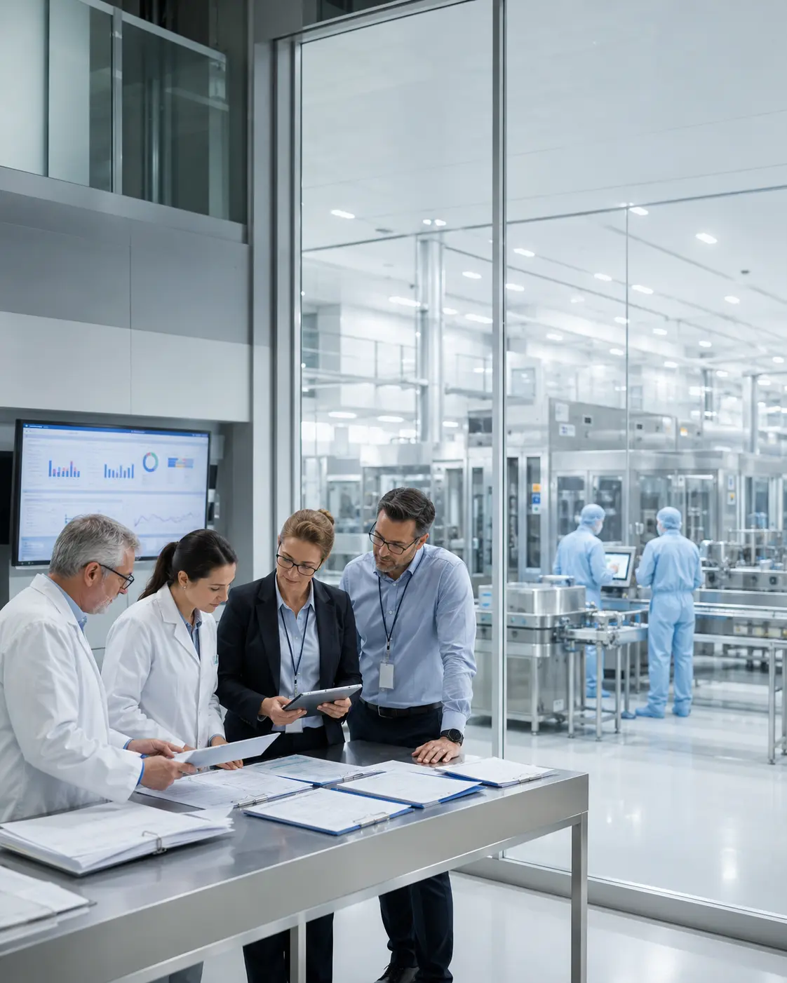 Pharmaceutical team reviewing batch records and quality system documents