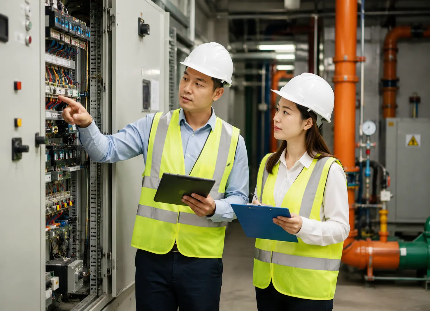 Facility manager and contractor checking building equipment, maintenance records, and safety inspection evidence