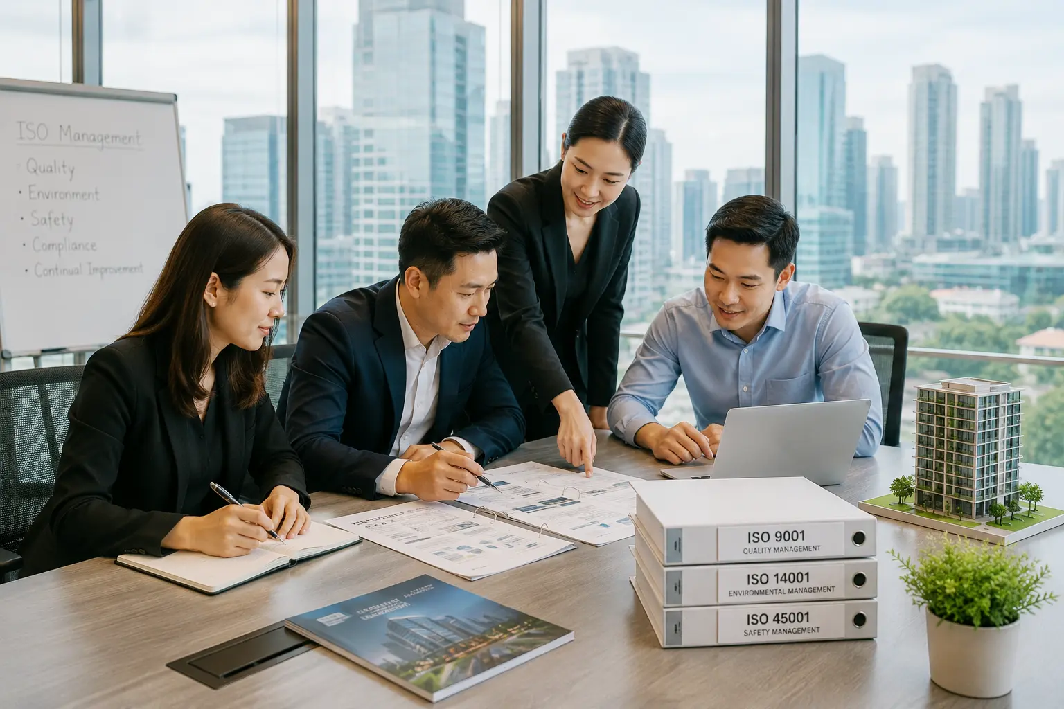 Property management leadership team reviewing ISO dashboard, tenant service KPIs, maintenance records, contractor performance, and audit readiness plan
