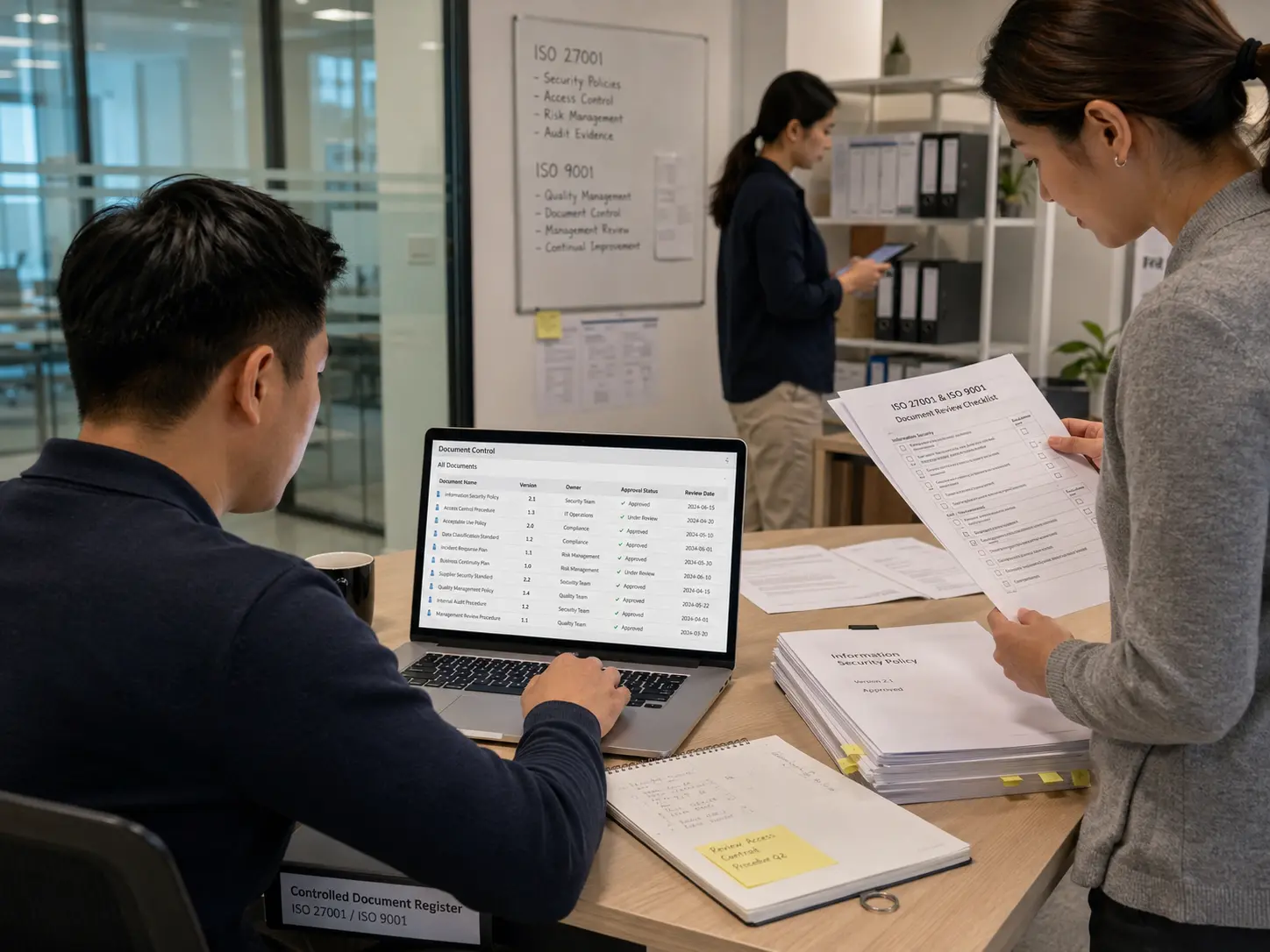 SaaS compliance team reviewing controlled security policies and ISO evidence records
