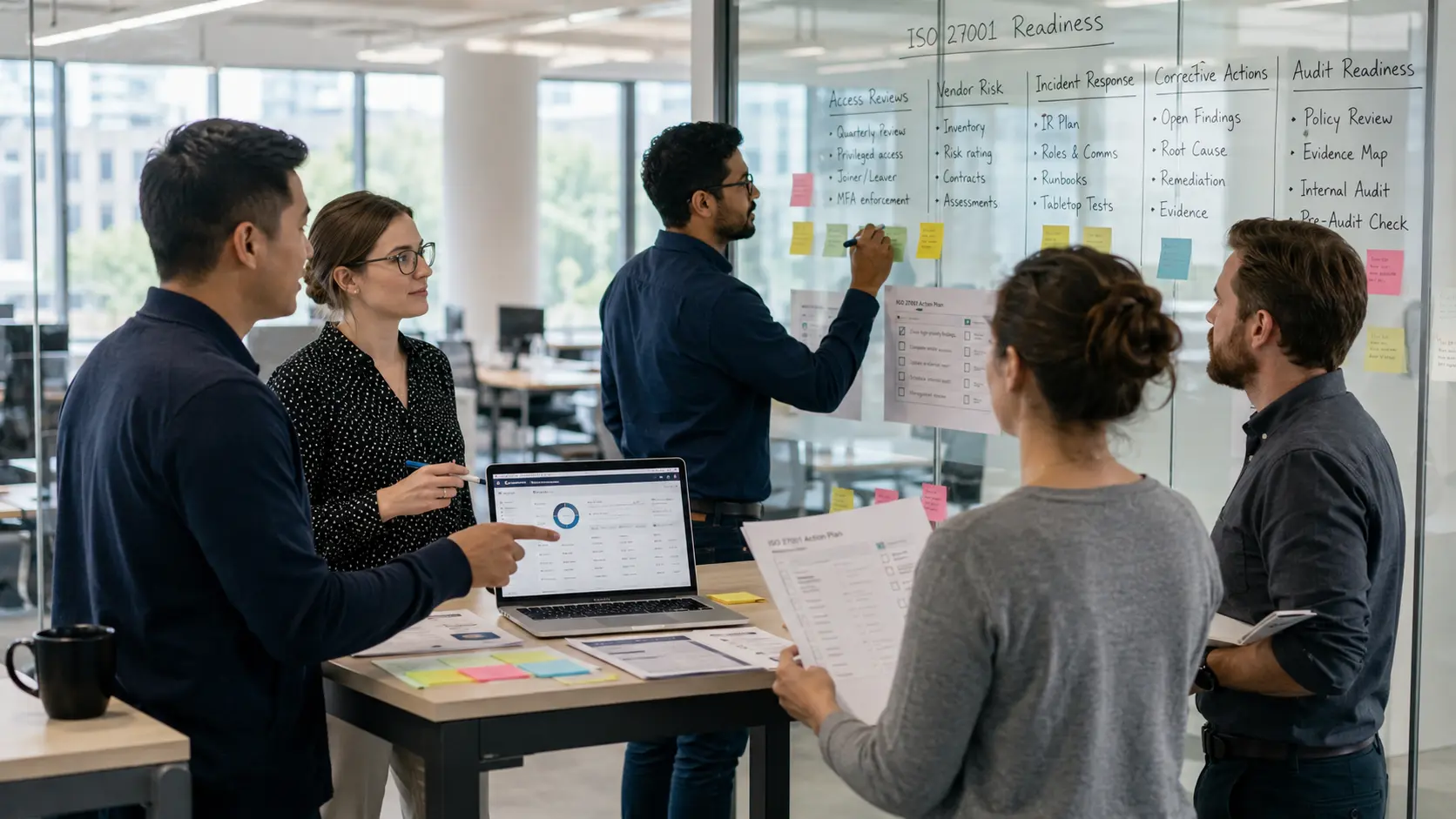 SaaS leaders reviewing ISO dashboard security metrics and audit readiness actions